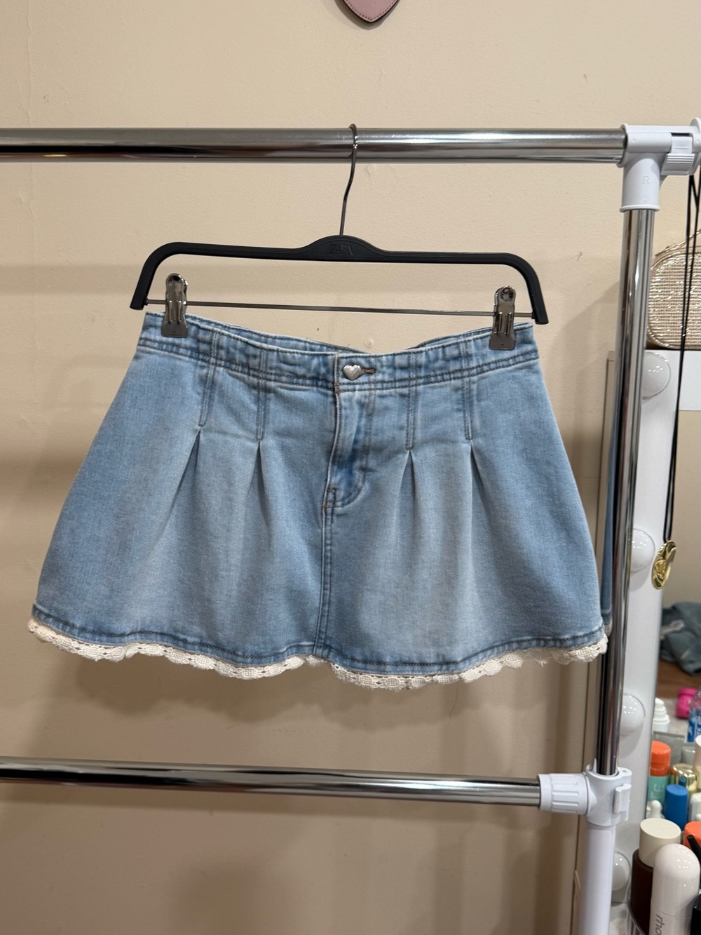 Celebrity Pink Denim Mini Skirt XS Y2K Lace Trim